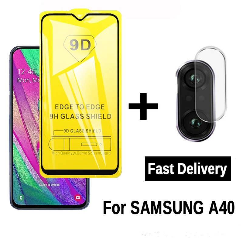 2 в 1 9D полное клеевое закаленное стекло для Samsung Galaxy A40 A 40 защита экрана камеры на