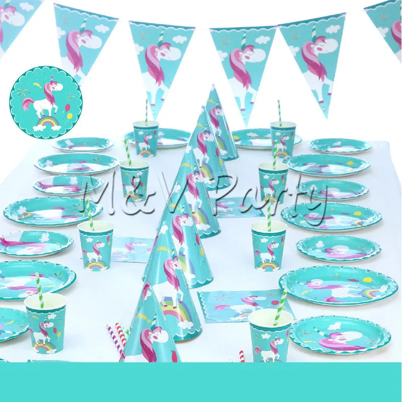 Cartoon Green Unicorn Theme Party Disposabke Tableware Paper Cup Plates Flag Napkin Birthday Wedding Decoration Supplies | Дом и сад