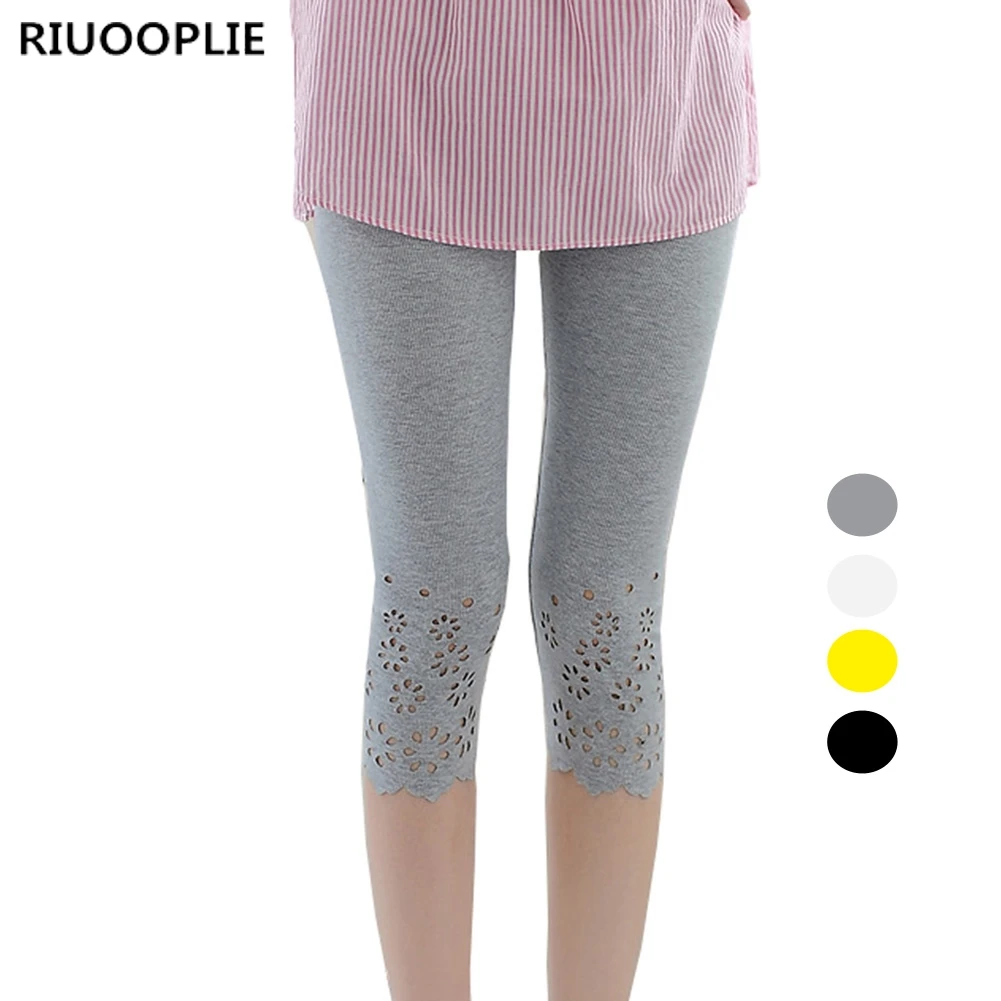 RIUOOPLIE Womens Leggings Summer Cotton Knitted Flower Solid Color | Женская одежда