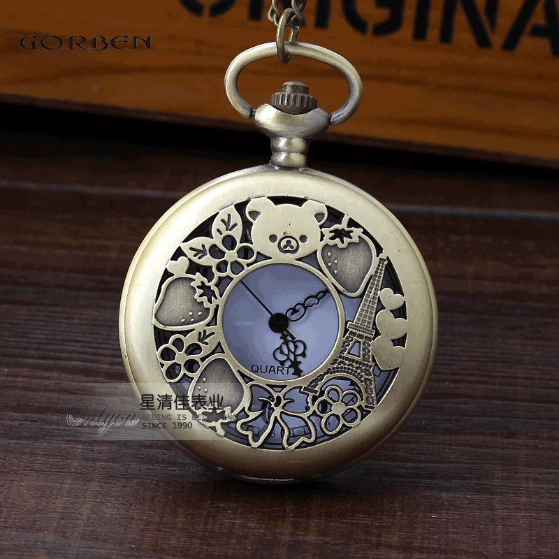Bronze Lovely Bear Paris Strawberry Flower Hollow Design Quartz Pocket Watch Vintage Men Women Watches Necklace Best Gifts | Наручные