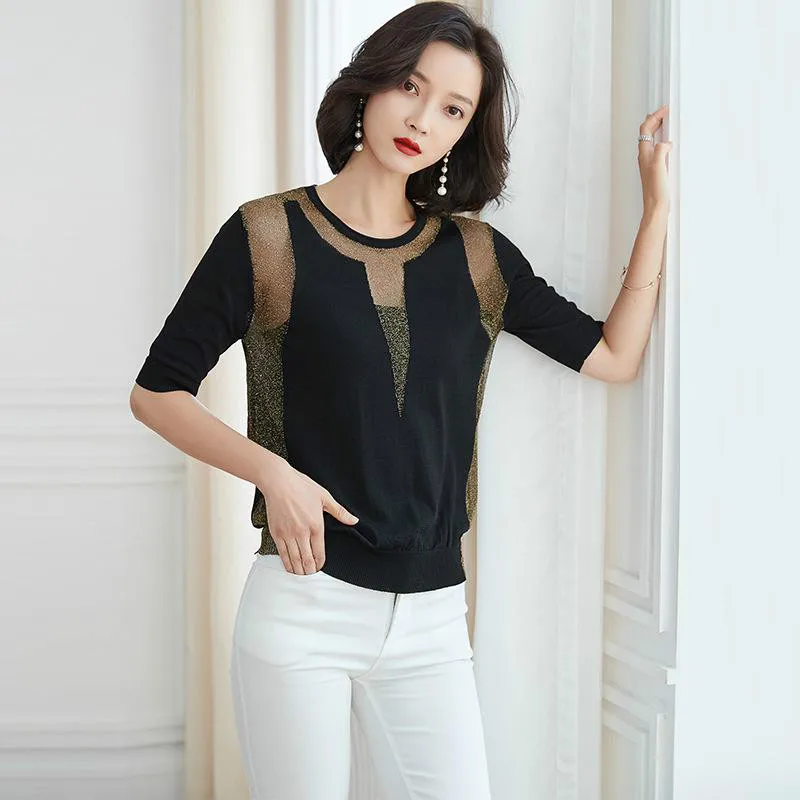 2019 летний офисный Женский вязаный с круглым вырезом черный тонкий пуловер s-xl