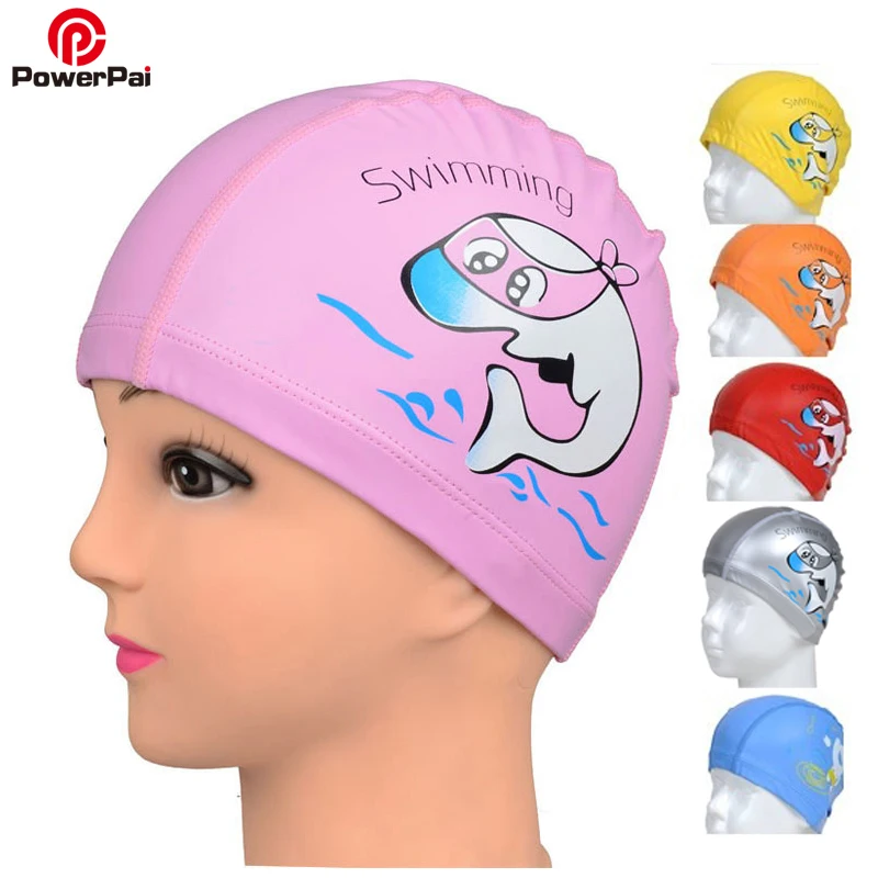 PowerPai Swimming Cap Children Waterproof PU for boys girls Comfortable Dolphine Cat Cartoon Pool Training Bathing Hood | Спорт и