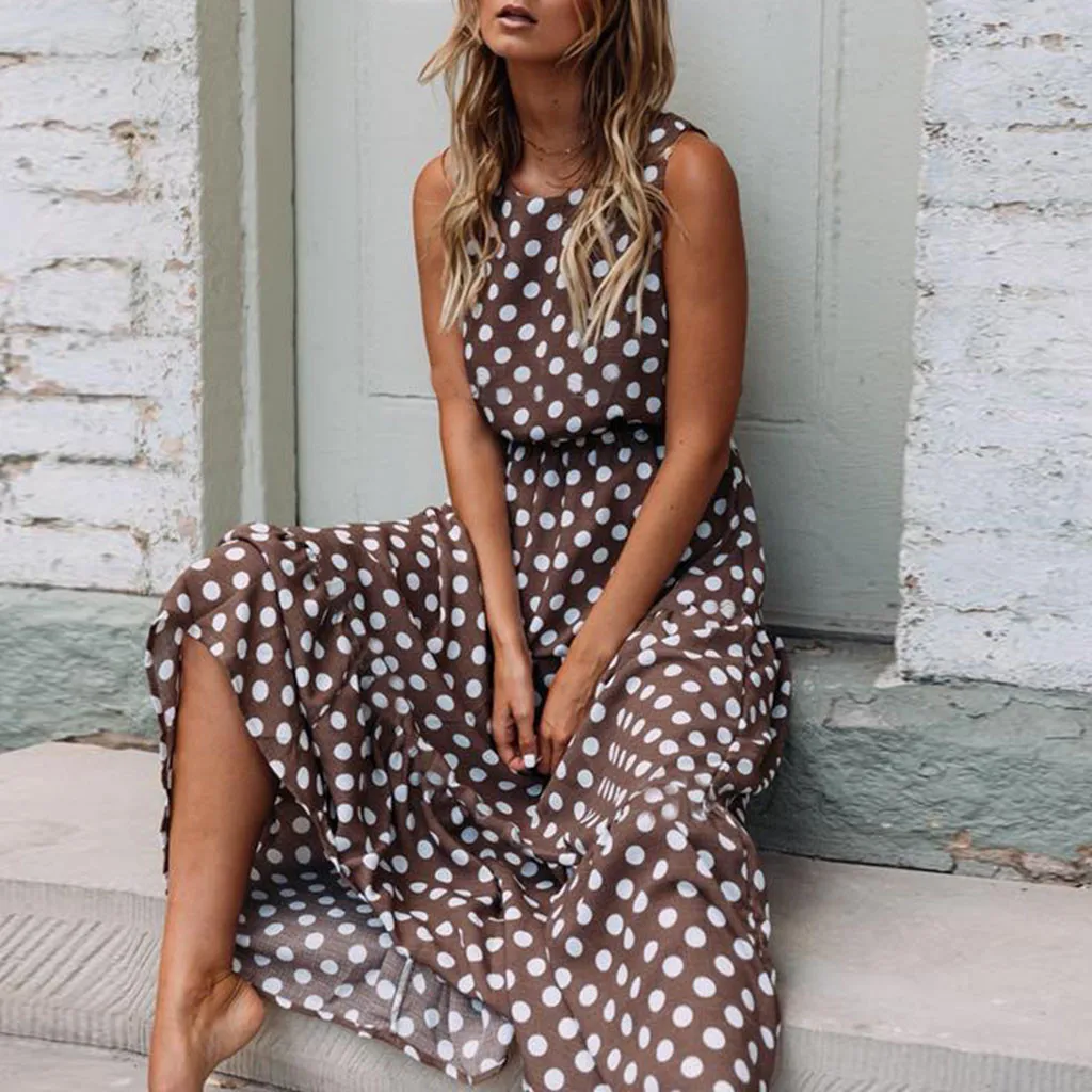 2019 Summer Dress Women Sexy Dot Printing Sleeveless O-Neck Evening Party factory price dropshipping free ship | Женская одежда