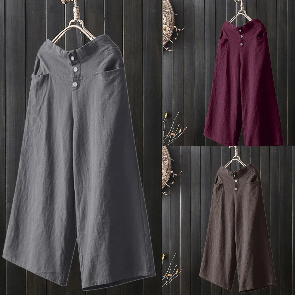 Women Palazzo High Waist Wide Leg Culottes Cotton Linen Trousers Loose Pants Cotton#G | Женская одежда