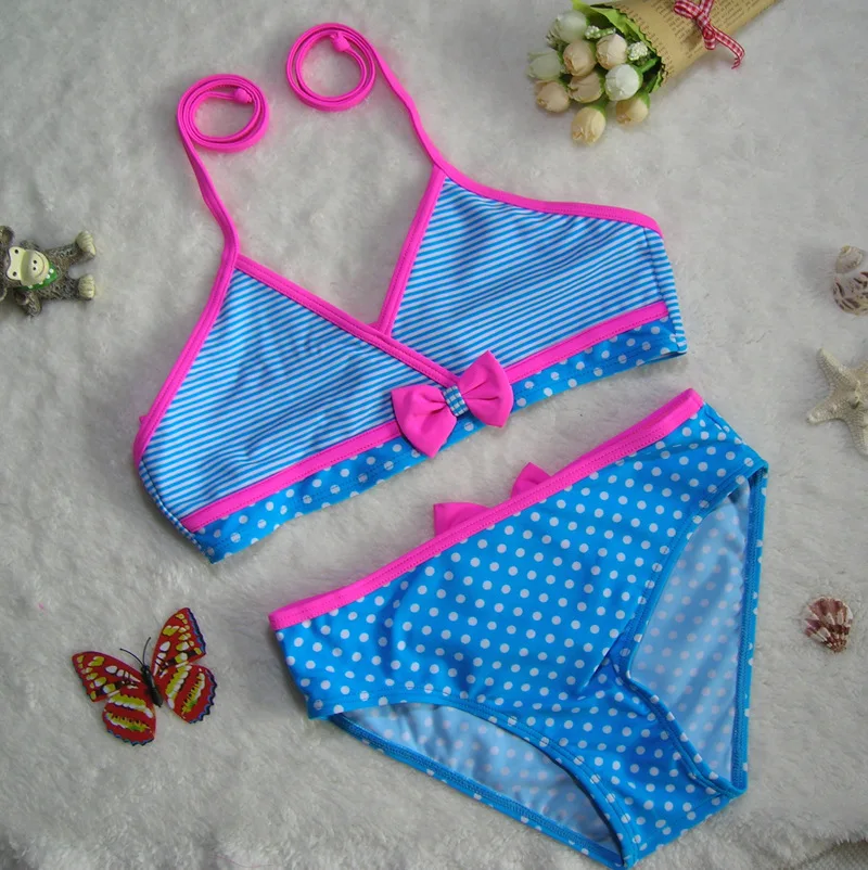 New Summer girls swimwear cute bikini swimsuit for kids Dots with Lovely bowtie biquini infantil free shipping | Спорт и развлечения