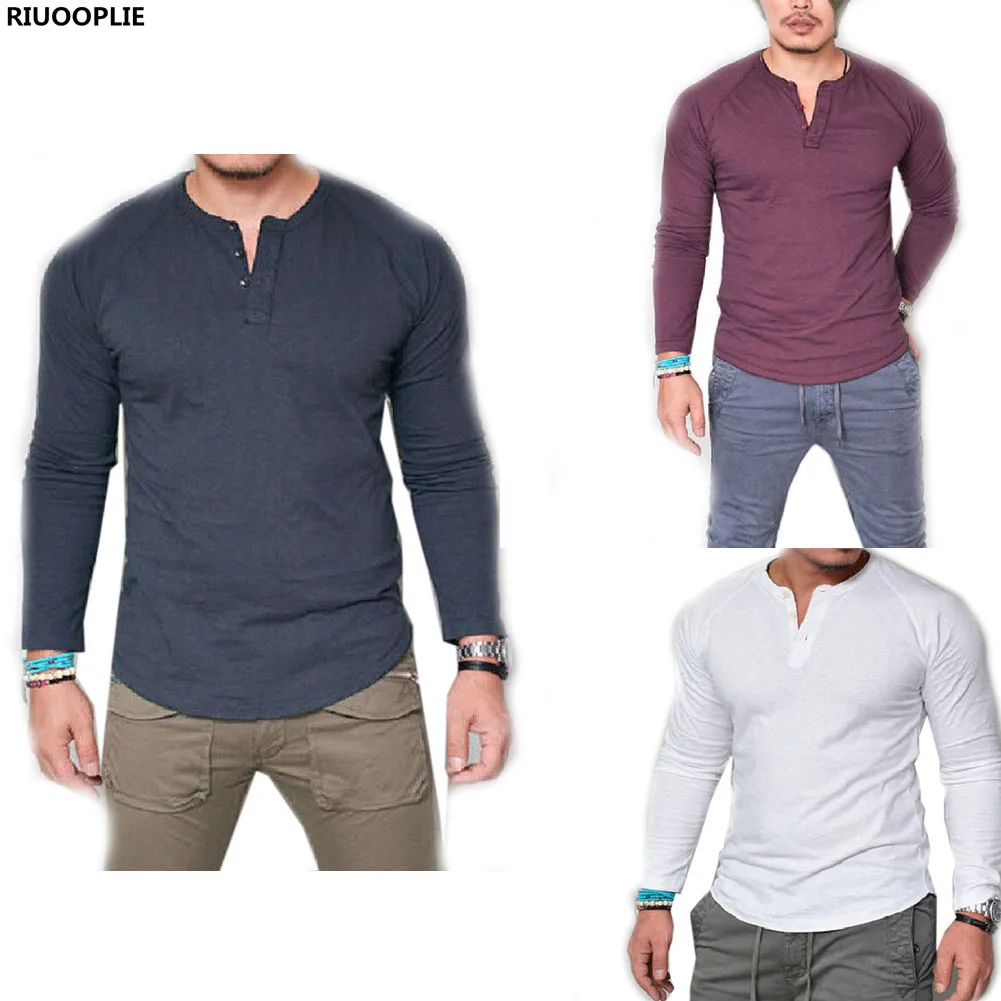 RIUOOPLIE Men Fashion Slim Fit V Neck Long Sleeve Muscle Tee T-shirt Casual Tops Blouse | Мужская одежда