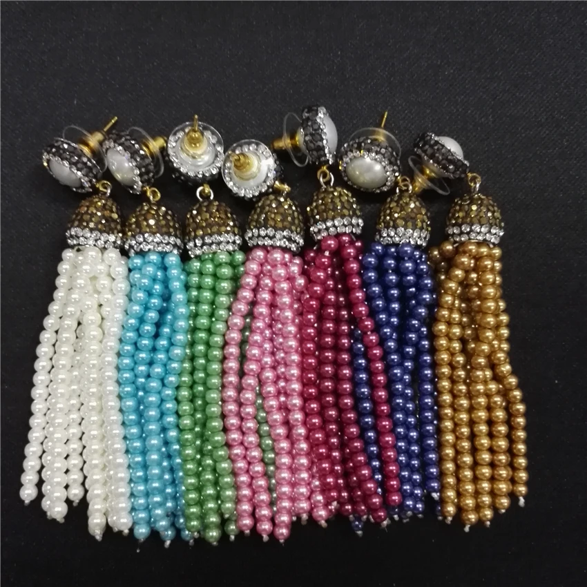 bohemia white cream pearl jewelry blue green golden rhinestone cap charms long dangle 10 raws beaded tassel earrings for women | Украшения
