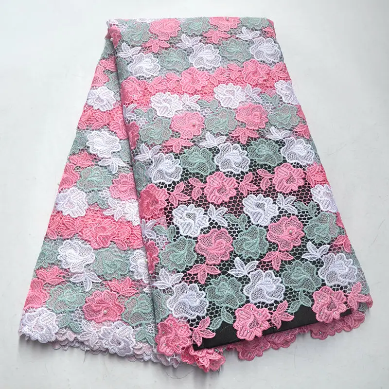 African Laces Fabrics Pink White Embroidered Guipure Lace Fabric With stones beads High Quality Nigeria Cord QG748 | Дом и сад
