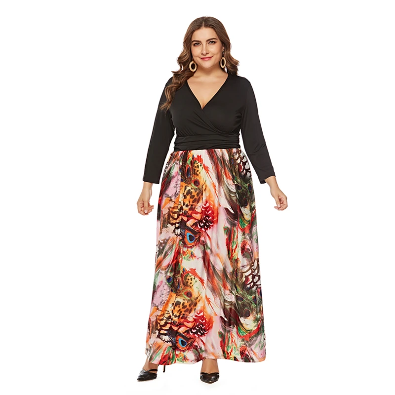 2019 Spring Autumn Casual V Neck One Color Patchwork Big Size Xl-6xl High Wiast Women Long Dress Jl-sq015 | Женская одежда