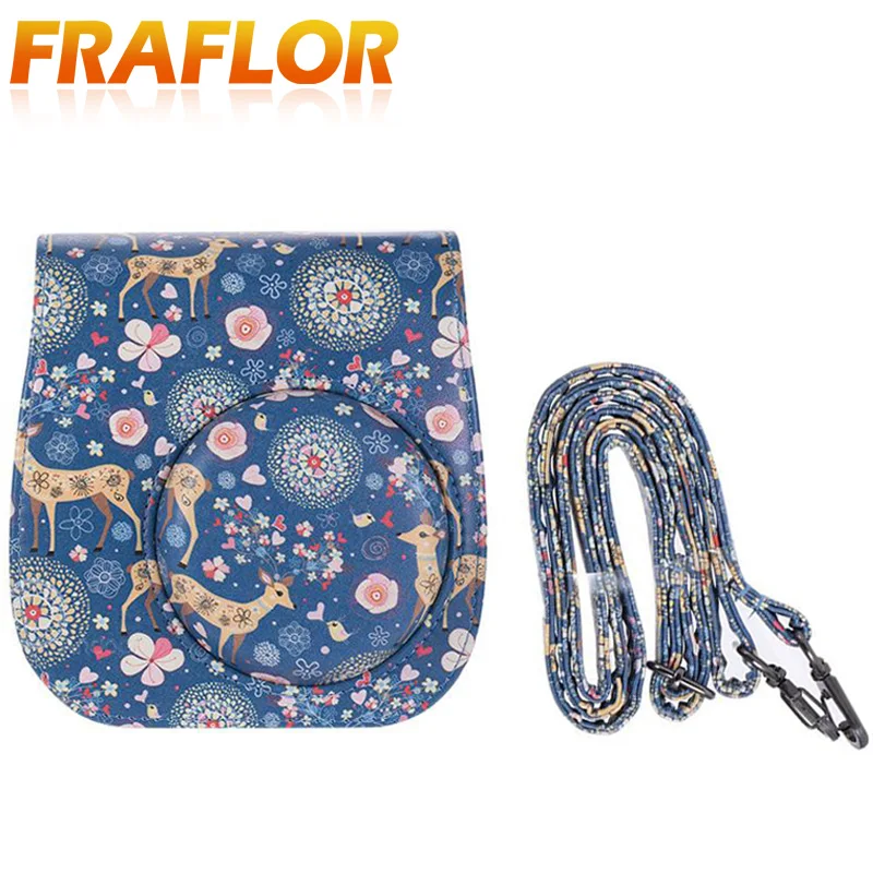 PU Camera Bag Protective Case Pouch Protector Video Strap for Fujifilm Instax Mini 8/8+/9 Cartoon Fawn Pattern |