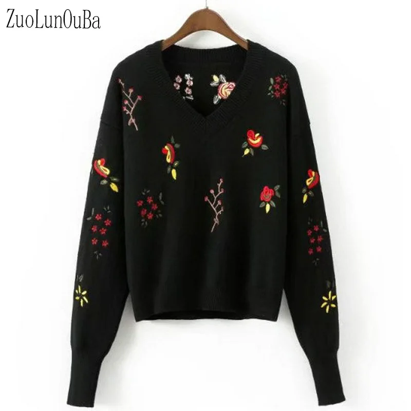 Autumn Black Flowers Embroidered Harajuku Women Knit Sweater 2018 Loose V-neck Long-sleeved Pullover Female Tops | Женская одежда