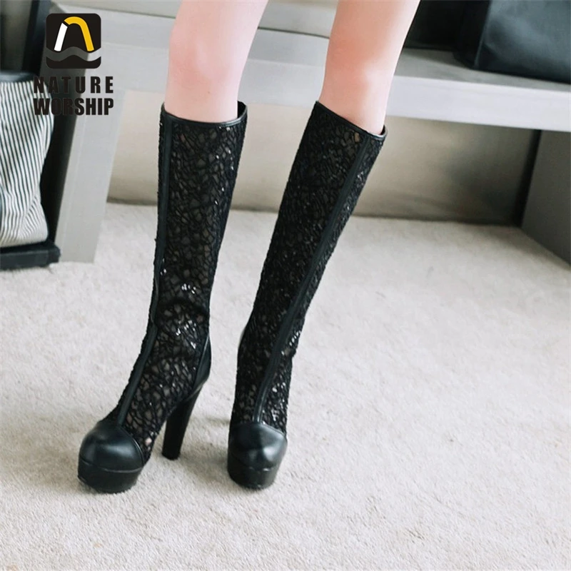 Nature Worship Big Size 43 High Square Heels Women Shoes Zipper Knee Summer Boots Blingbling Platform Sexy For Ladies | Обувь
