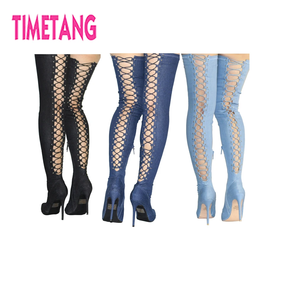 Женские сапоги выше колена на шнуровке с острым носком тонком каблуке | Обувь