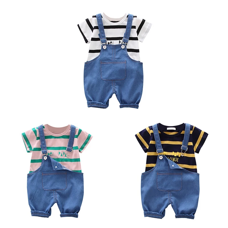 Summer New Baby Boys Clothing Sets Short Sleeve Stripe Letter Print Tops Blouse Shirt+Denim Suspender Pants Casual Outfits |