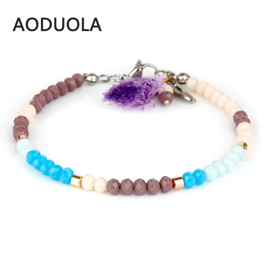 Boho Summer Color Blue Tassel Bracelet Glass Beads Stainless Steel Clasp Bracelets for Woman's jewelry gift | Украшения и