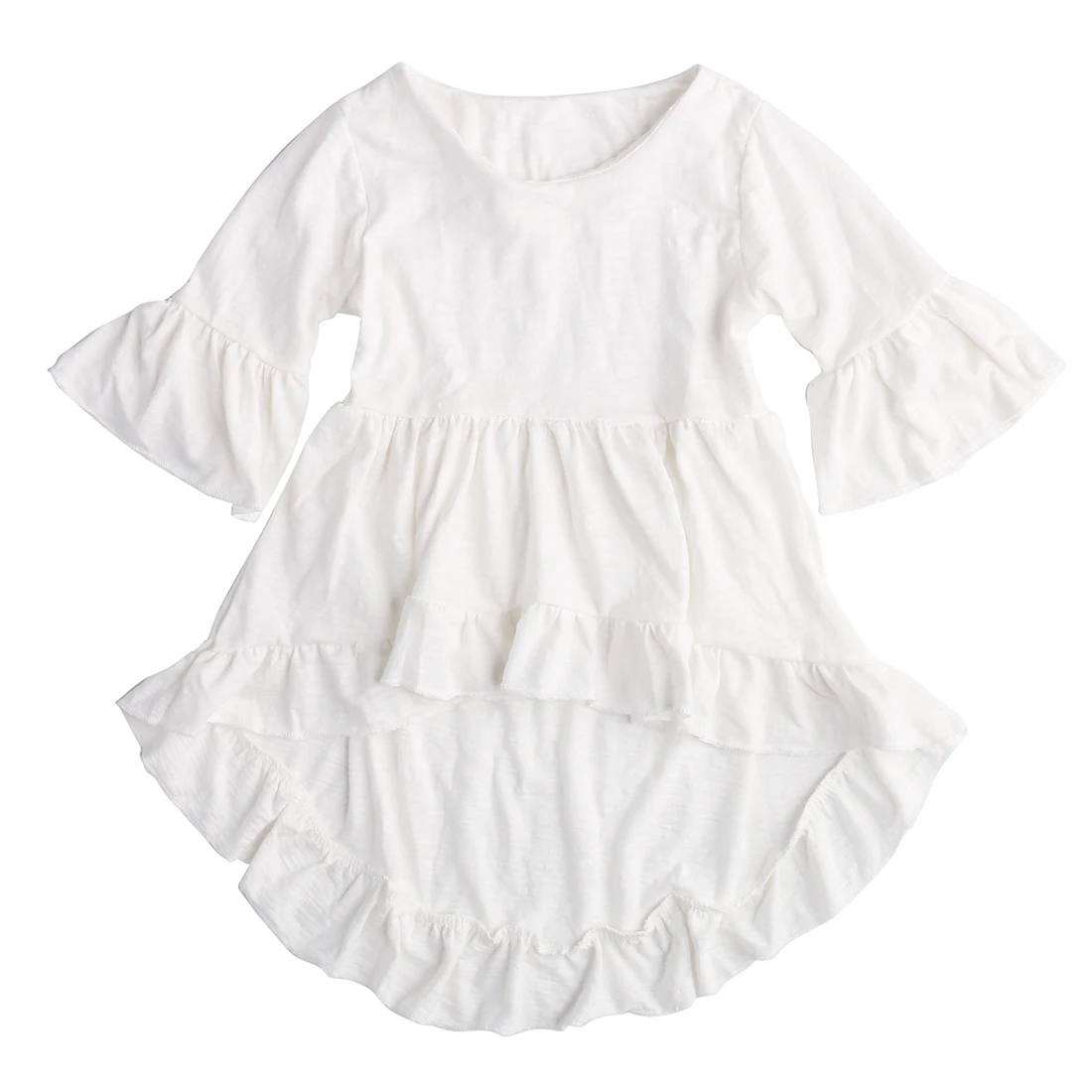 Pure White Irregular Baby Girl Dress Flare Sleeve Top T-Shirt Party Ruffles Hem Dresses | Детская одежда и обувь