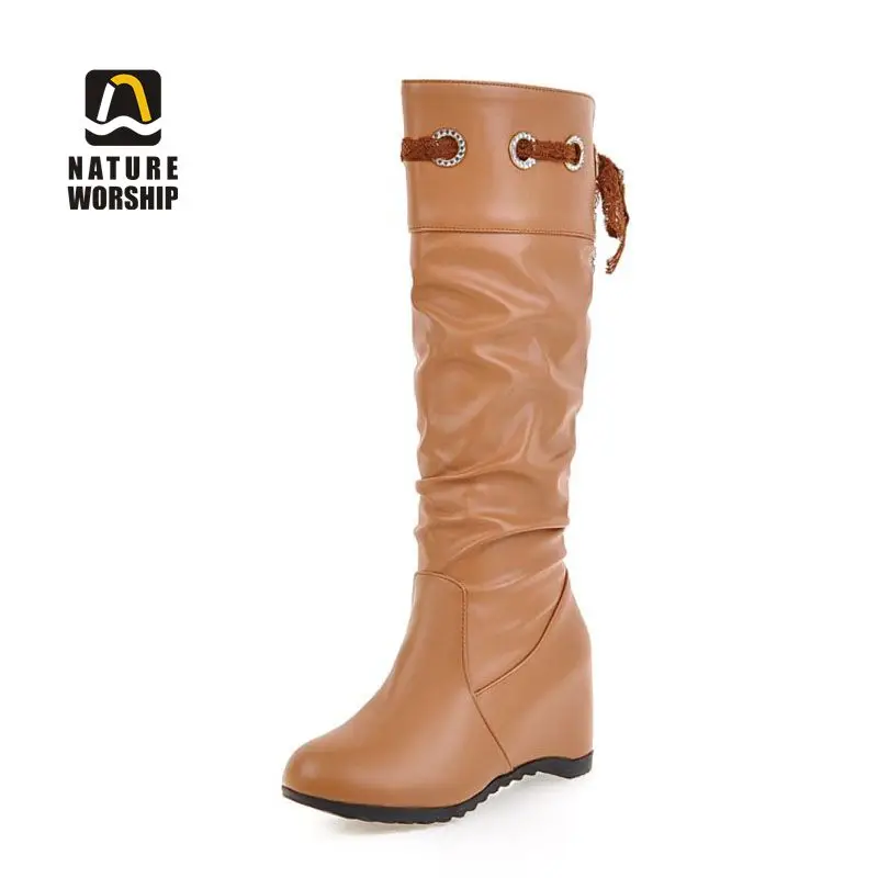 Nature Worship New Fashion High Heels Women Half Boots Fleeces Round Toe Mid-Calf Warm Shoes Lace-up Slip-on Height Increasing | Обувь