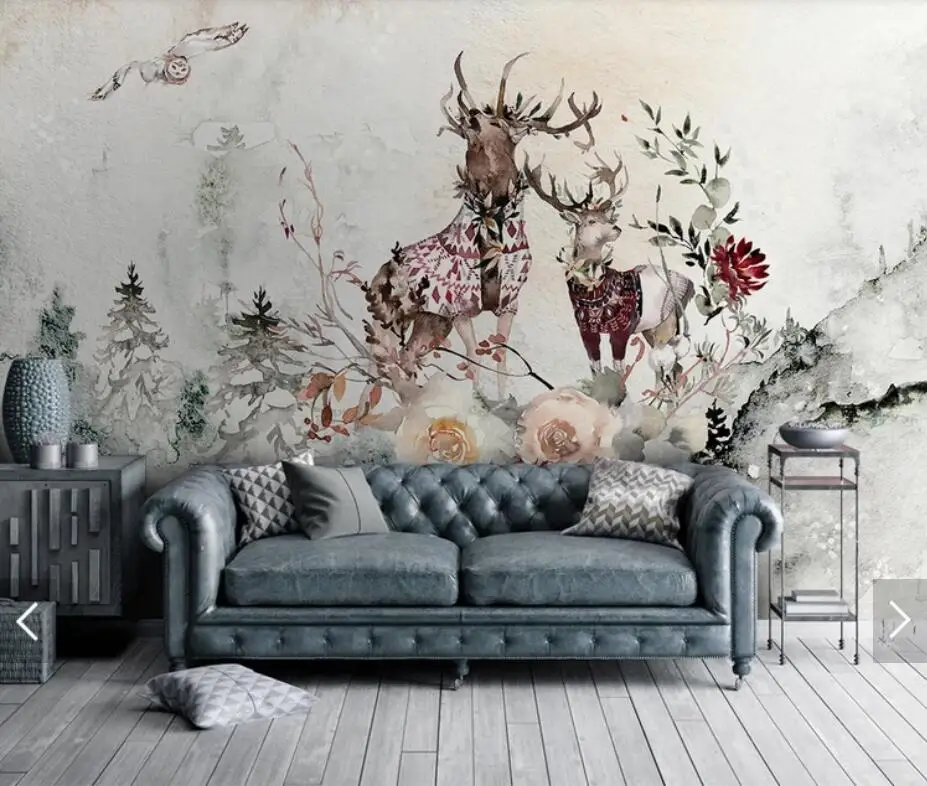 3D Винтажное дерево Обои с оленями Мурал HD напечатанная фотообои для спальни Оформление стен с животными на рулоне.