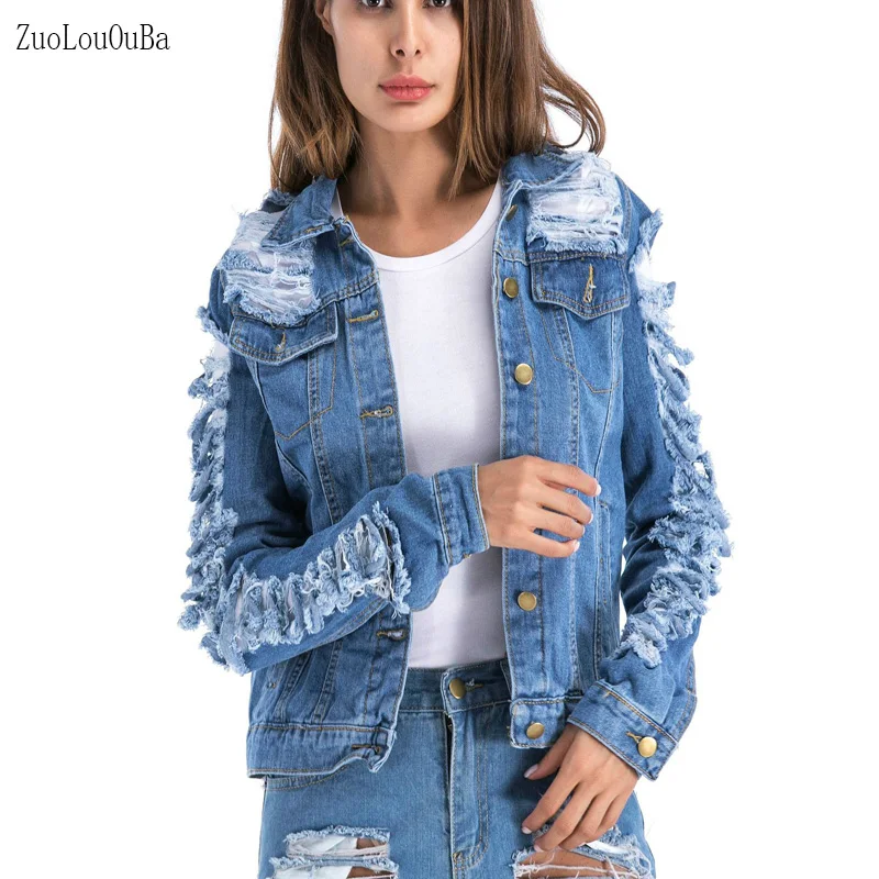Korean Women Clothes 2019 Denim Coat Tearing Wind Big Hole Clothing Lapel Single-breaste Long sleeve Ladies Jacket | Женская одежда