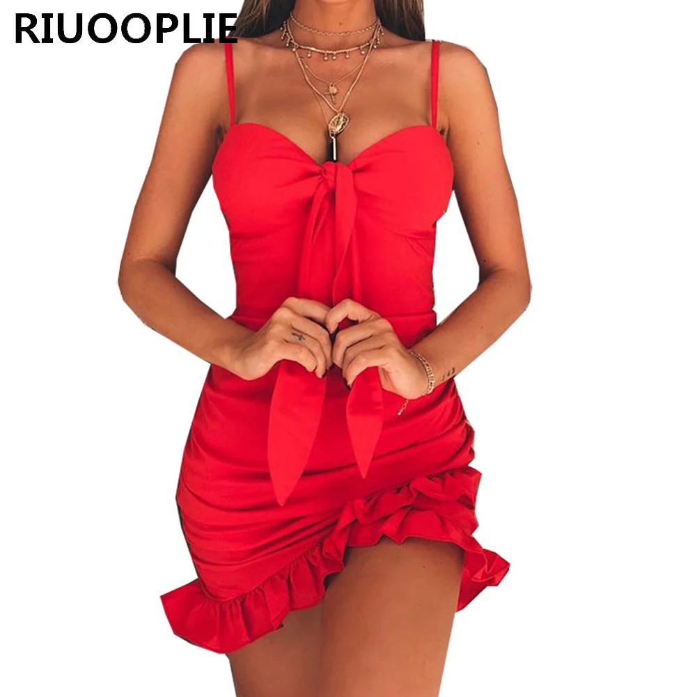 Женское платье с рюшами RIUOOPLIE сексуальное летнее v-образным вырезом на бретельках
