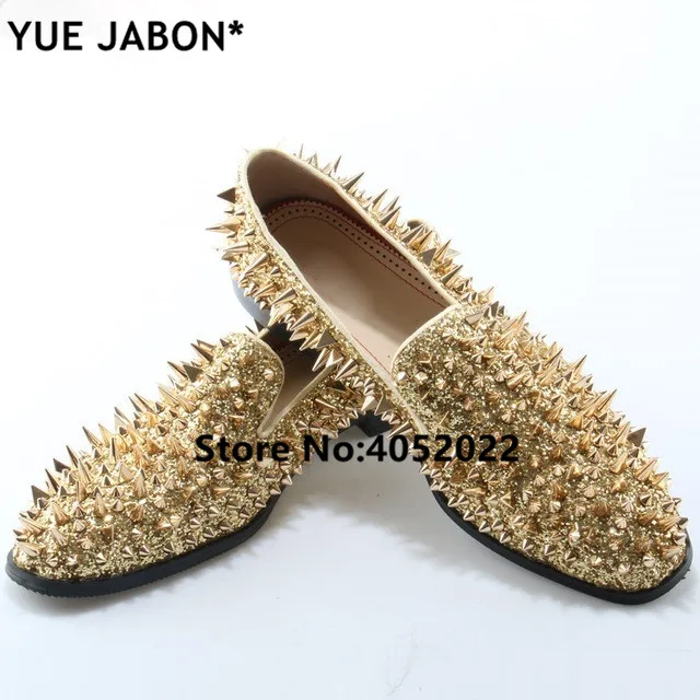 Fashion Gold Spiked Loafers Shoes Men Bling Sequins Banque Wedding Male Slip On Rivets Leather loafers | Обувь