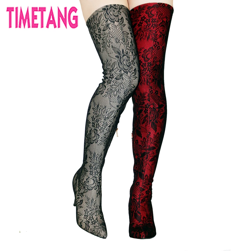 Женские сапоги-ботфорты с цветочным кружевом и острым носком на тонком каблуке |