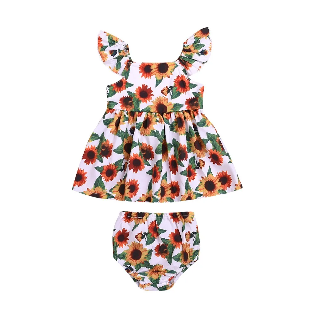 Хлопковое платье с подсолнухом для маленьких девочек + короткие брюки комплект