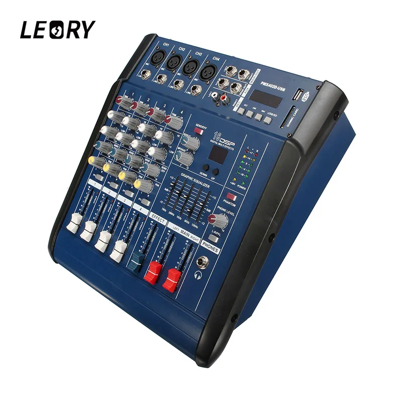 LEORY цифровой микшерный пульт 4 канала Professional DJ Audio караоке с В USB 48 мощность 16DSP