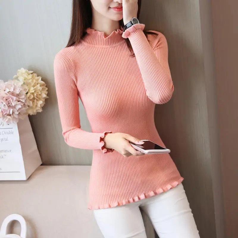 Women Sweaters and Pullovers Turtleneck Ruffled Sleeve Slim Knitwear Sweter Mujer Autumn Winter Swetry Damskie | Женская одежда