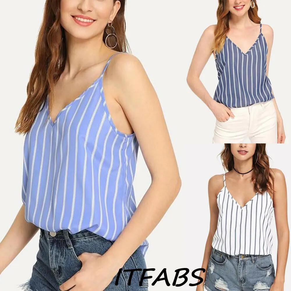 2019 Women Ladies Top Summer Sleeveless Striped Sexy Vest V-Neck Tops Camis | Женская одежда