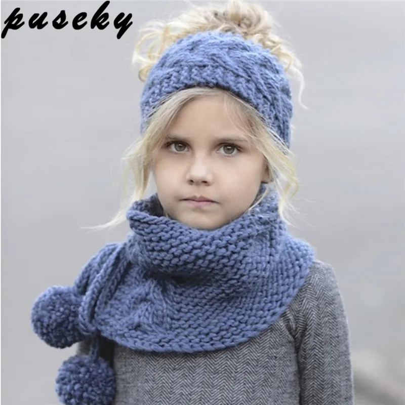 Зимний теплый вязаный шерстяной крючком головной убор Puseky для маленьких девочек