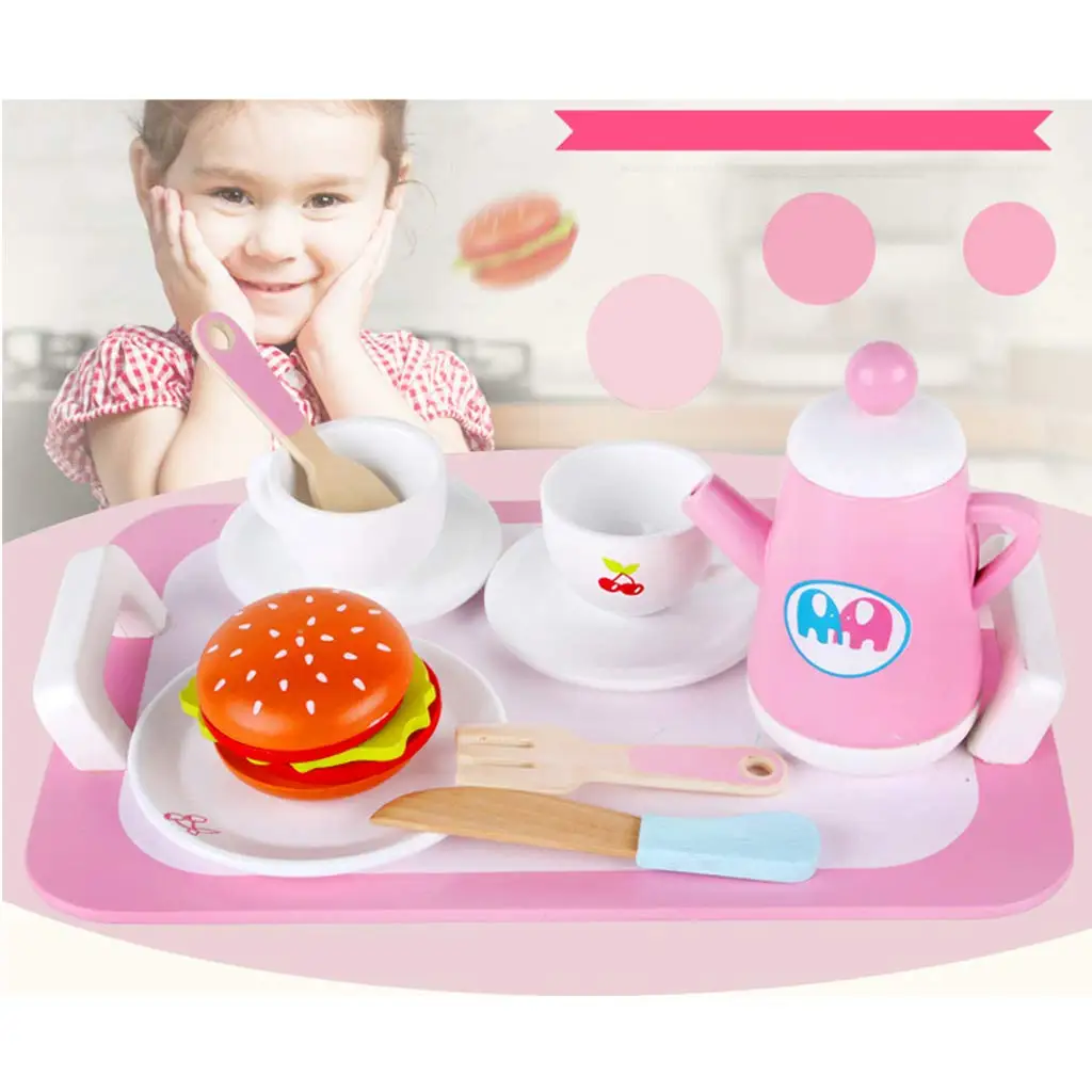 14pcs Wooden Tea Coffee Cup Set Humburger Kitchen Pretend Play Role Playing Game Educational Toys Gift for Children Kids Toddler | Игрушки и