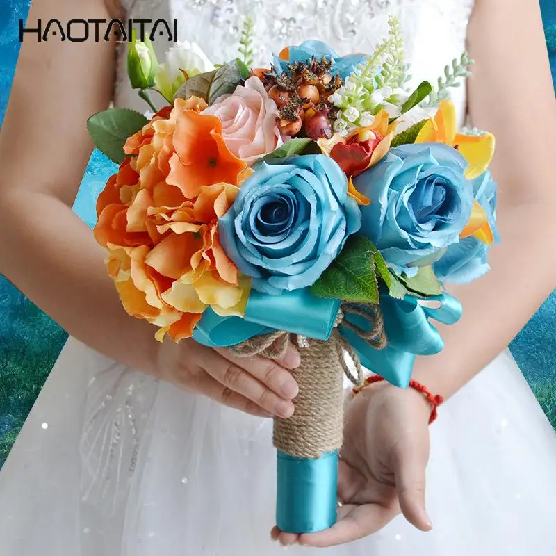 Королевский синий жемчуг свадебная брошь букеты кристалл Атлас свадебные