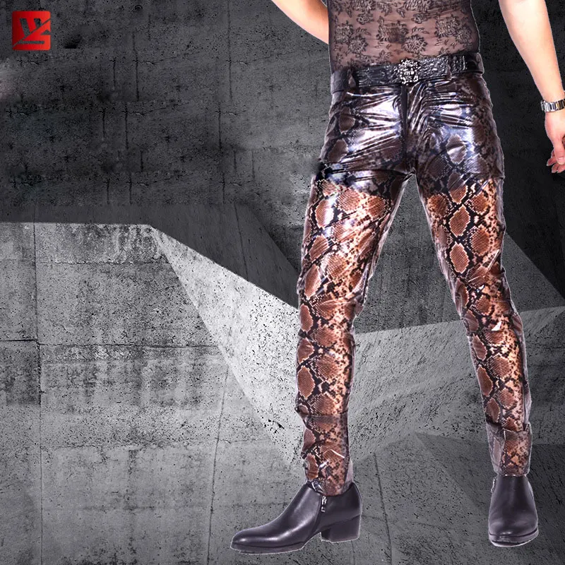 MEISE PU Sexy Men Pencil Pants Snake Stripe Tight Trousers Patchwork Faux Leather Thin Homme Stage Wear Plus Size | Мужская одежда