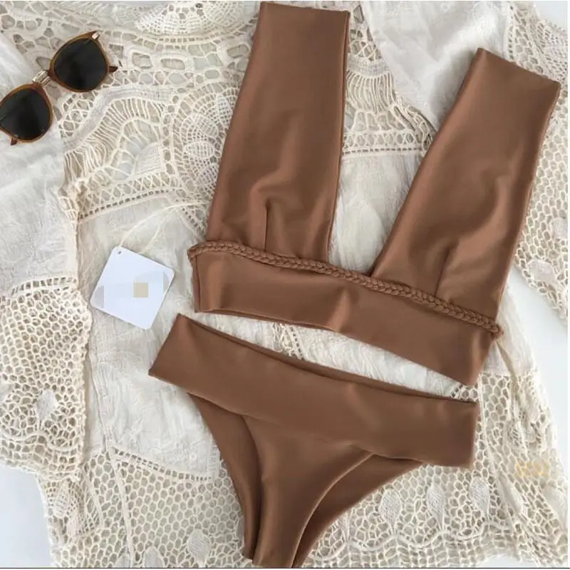 2018 Women High Waist Solid Colors Bikini Set Swimwear Push-Up Backless Swimsuit Bathing Beachwear Tankini Mayo | Спорт и