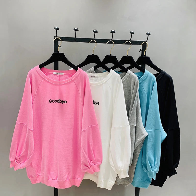 Unicorn Korean Kpop Spring Long Sleeve Women Tshirt Cotton Casual Knitted Cloth Letter Printed O-neck Lantern Embroidery Loose | Женская