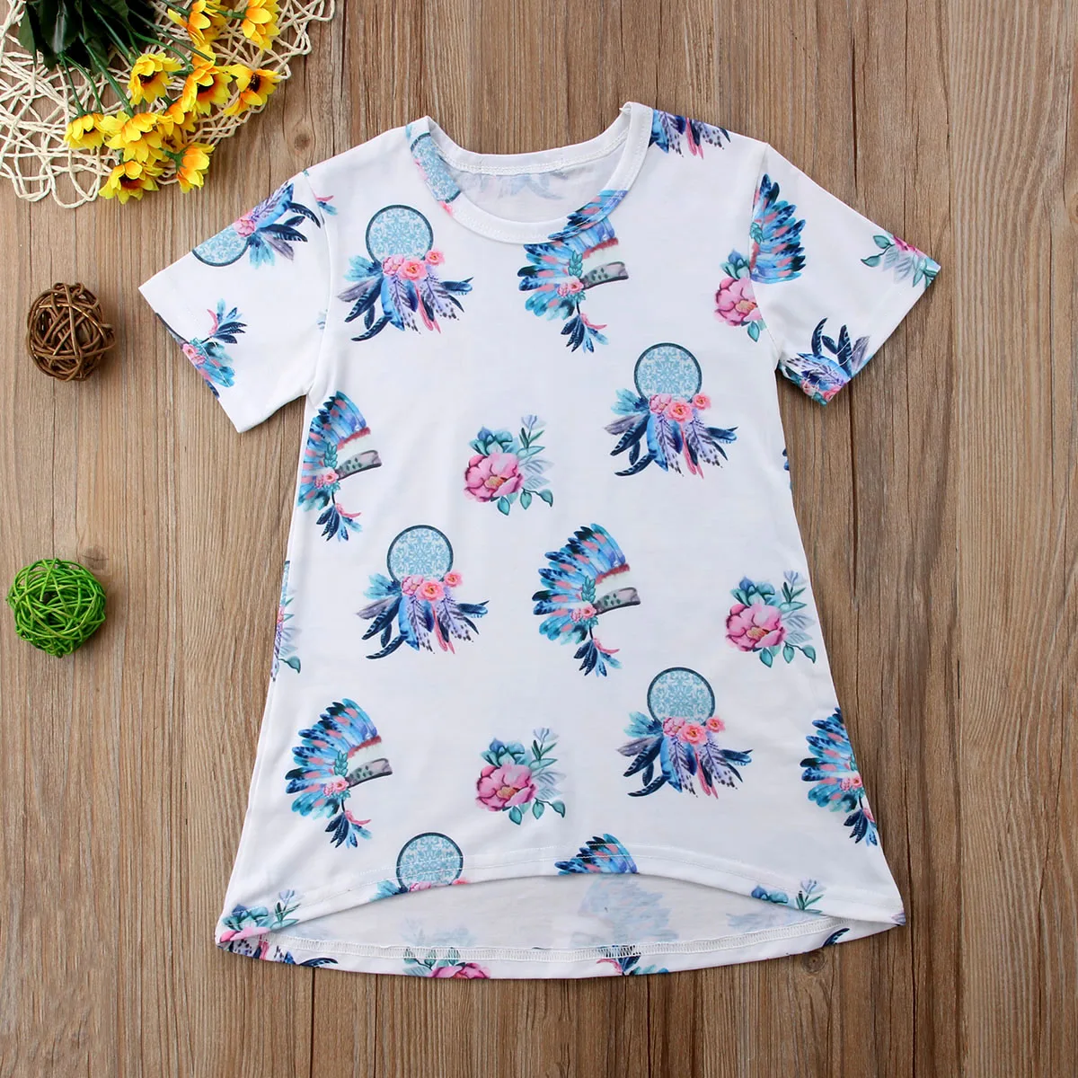 Платье с принтом перьев для маленьких девочек Детские повседневные платья