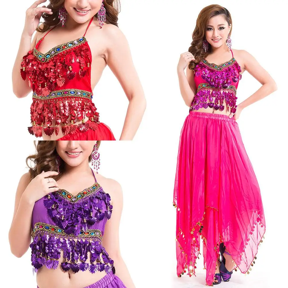 Crystal Sequins Sexy Belly Dance Bra Tops Handmade Beads Bells Peppers Costumes | Dancing