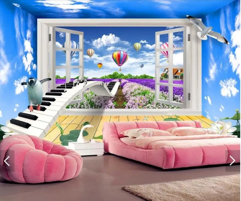 3D стерео окно Лаванда Настенная роспись синее небо горячий воздушный шар фото