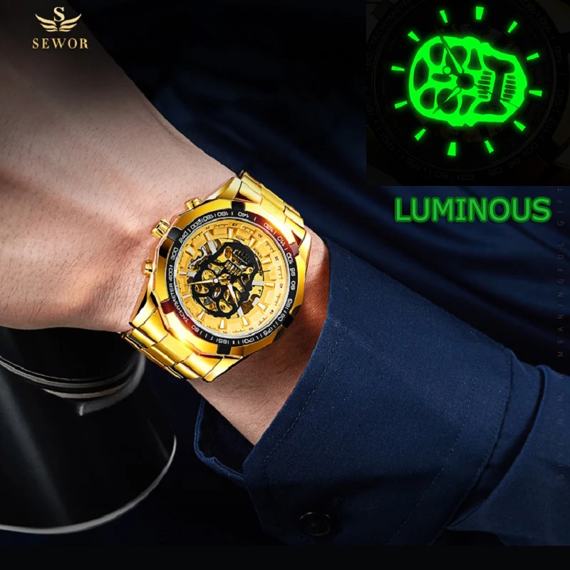 Часы SEWOR мужские полностью стальные светящиеся механические автоматические
