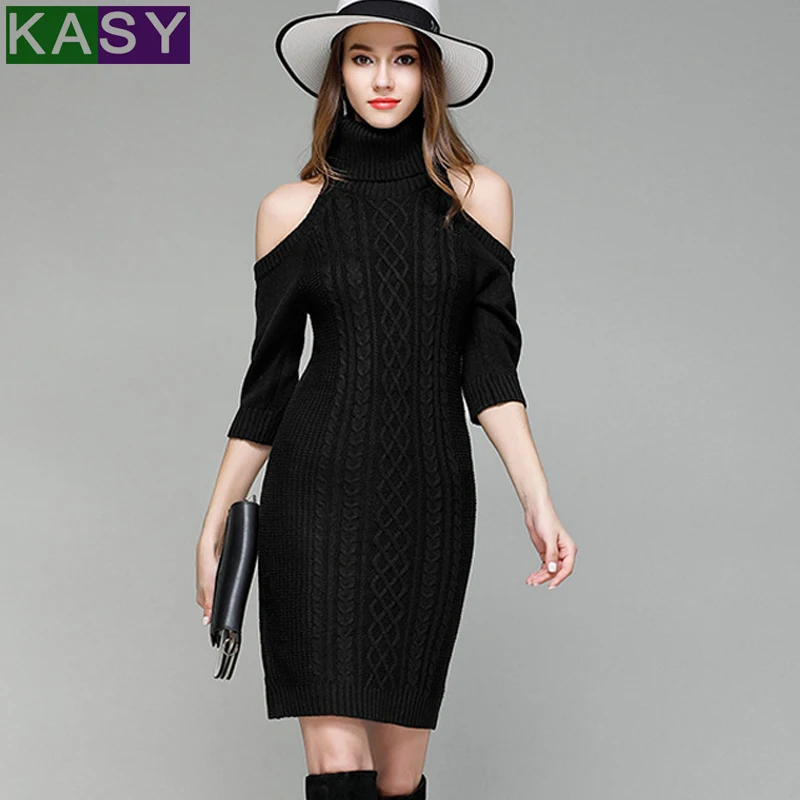 Пикантные плеча водолазка зимние свитера платье Для Женщин Половина рукава