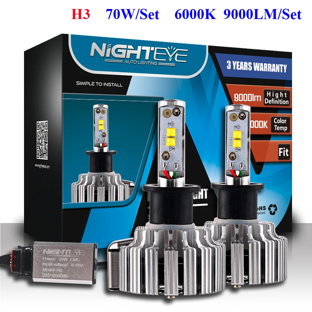NIGHTEYE 1 Pair H3 CREE Chip COB Led Beam 70W Replacement 9000Lm Car DRL Fog Headlight Conversion Driving Bulb Light Source | Автомобили и