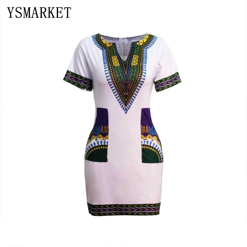 2018 New Summer African Print Women Dashiki Dress Sexy Ethnic Style V Collar Short Sleeve Party ESMR8221 | Женская одежда
