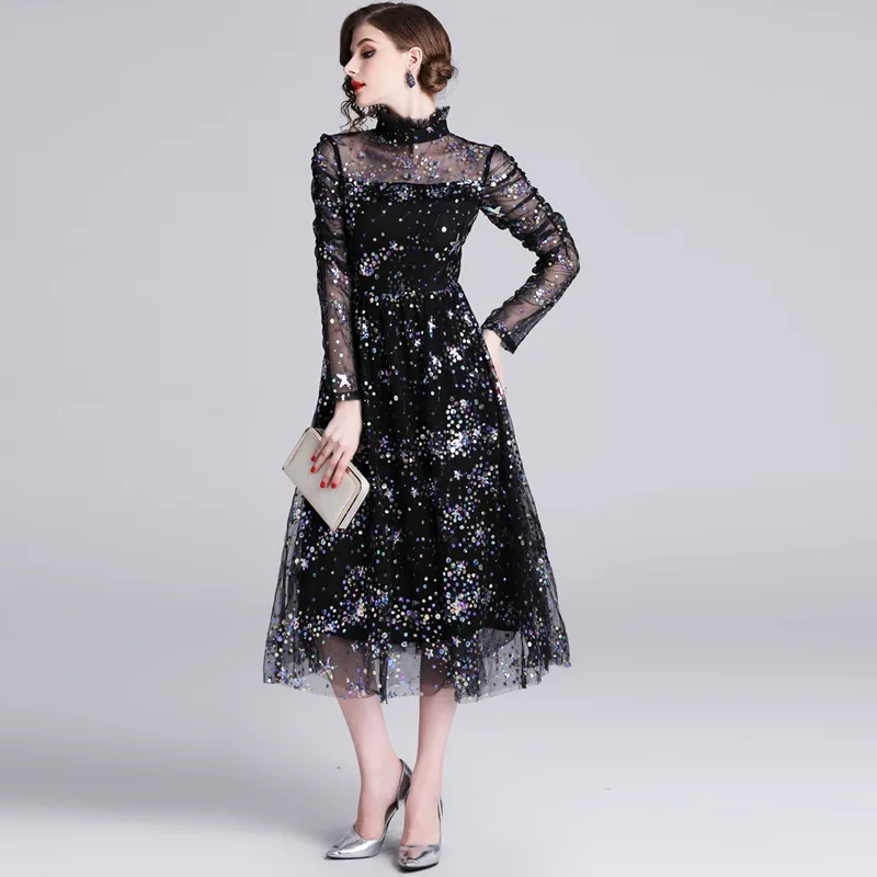 PADEGAO Banquet Noble Summer Spring Dresses Garment 2019 New Women's Long Sleeve Lotus Leaf Edge Slim Black Mesh Dress | Женская