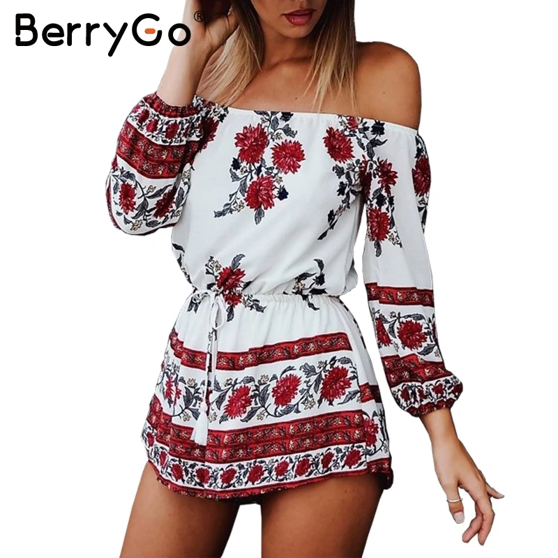 BerryGo Sexy red floral print elegant jumpsuit romper Summer beach off shoulder short playsuit Women chiffon bohu overalls | Женская