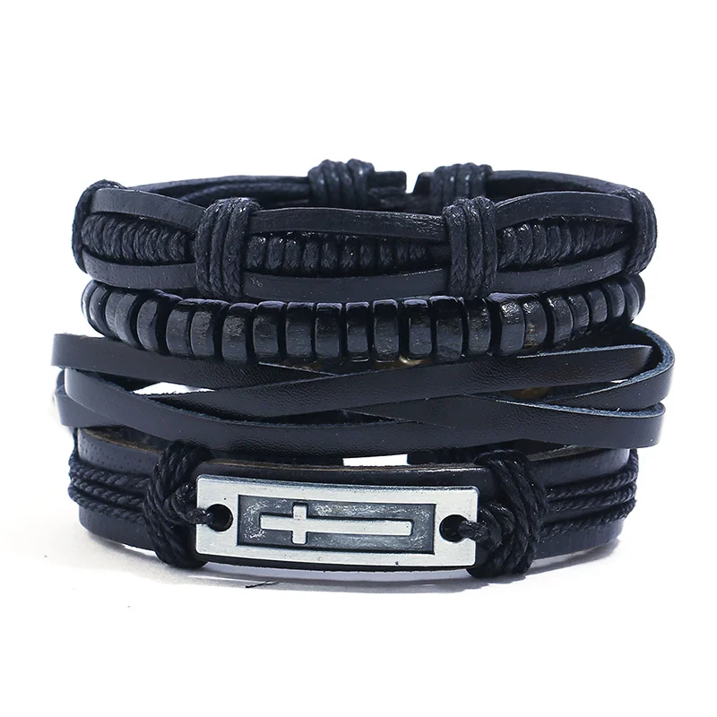 4pcs/set hippie punk all black leather band cross tag charm wood beads cord knots wrap wide stackable Bracelets Bangles for man | Украшения
