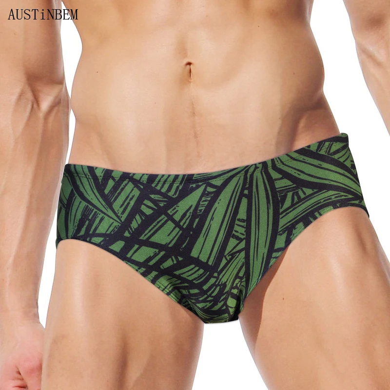 AUSTINBEM swimwear green blue red leaf print men swimsuit sunga beach board surfing swimming shorts briefs bathing suit | Спорт и