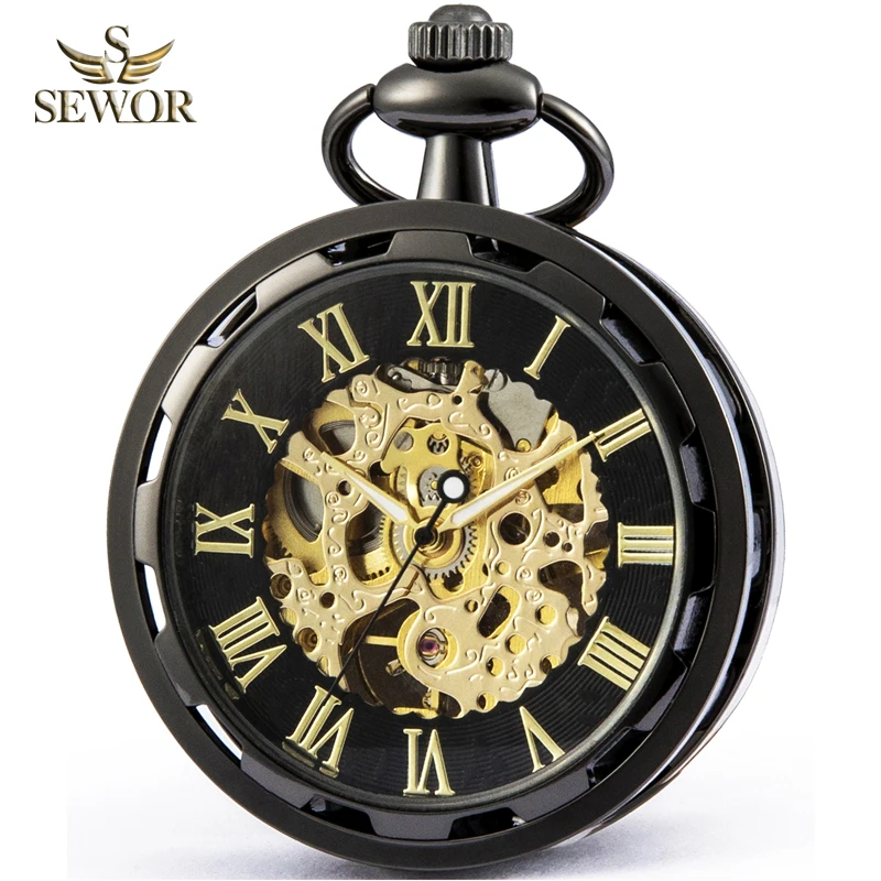 SEWOR Mens Watches Luxury Brand New Fashion Black Golden Skeleton Manual Sport Mechanical Pocket Watch Gift Мужские часы C265 |