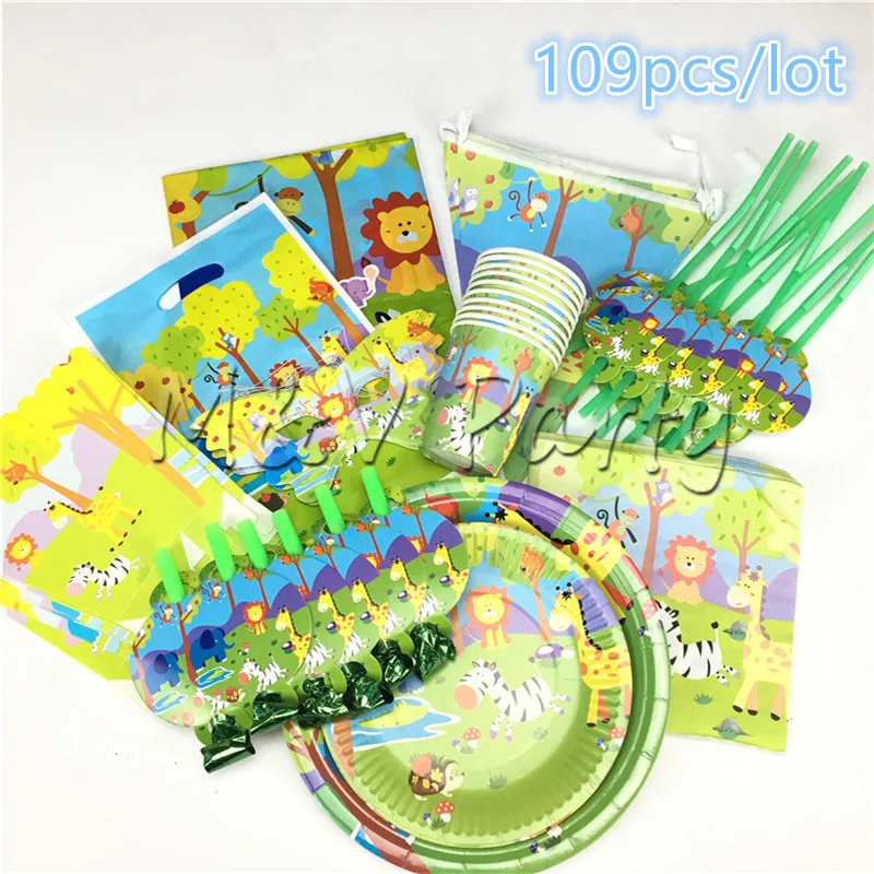 109 шт./лот одноразовый набор посуды для вечеринок с изображением животных