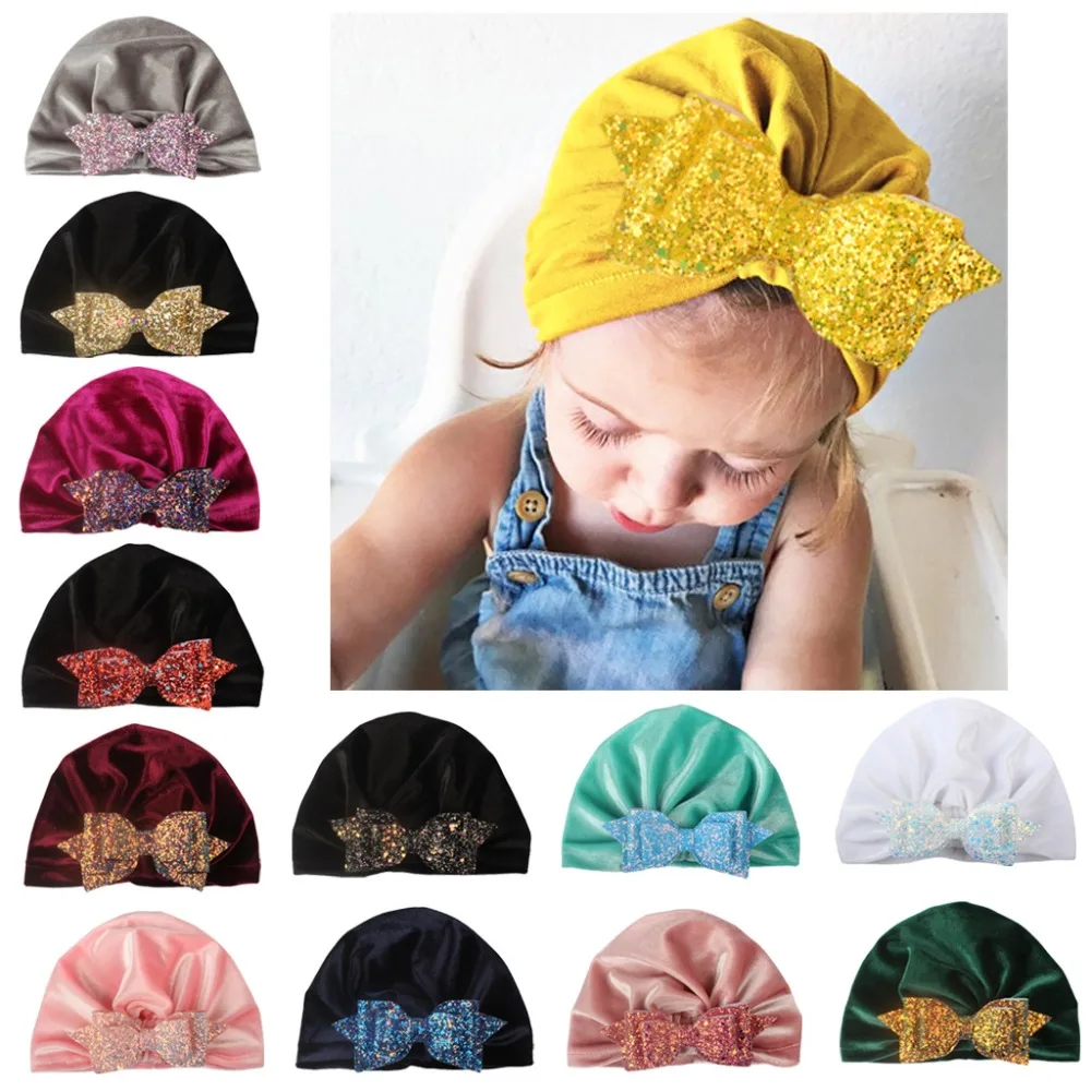 New Stretchy Velvet Sequins Bowknot Hat Bandanas baby girls kids turban Cap headband hair head bands Headwrap accessories | Детская